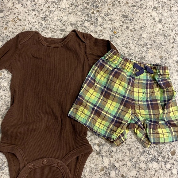 Carters 3 piece set neon green brown shorts top Onsie boys 12 month - Picture 2 of 9